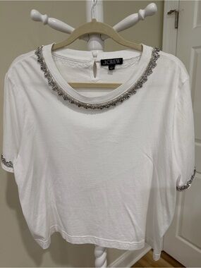 J. Crew XL NWOT White Short-Sleeve Tee with Silver Rhinestones Trim